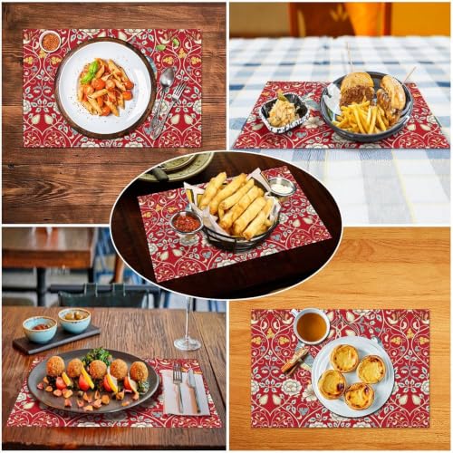 Vintage Floral Placemats Set of 4, 12x18 Inch William Morris Red Boho Rustic Ethnic Flower Bird Seasonal Farmhouse Holiday Table Mats for Party Kitchen Dining Decoration - color: Floral Bird08, size: 4pcs