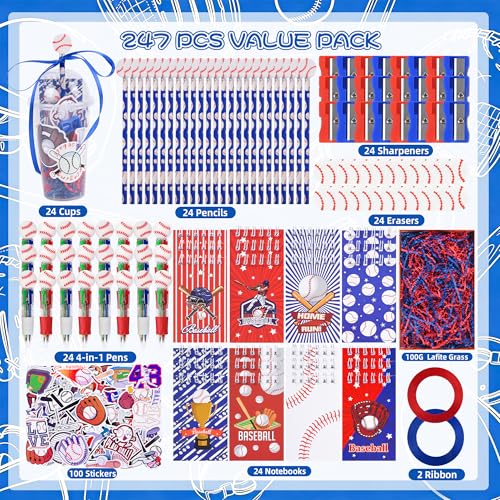 LiYiQ 24 Set 247 Pcs Baseball Party Supplies Return Gifts for Party, Student Stationery Gifts from Teacher Rewards Prizes, Pencil Erasers Notebooks Stickers for Baseball Classroom Birthday - style: Baseball