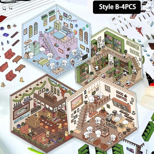 4 Sets DIY 3D House Stickers: Make Your Own Isometric Scenes with Fun Cute Korean Cartoon Stickers - color: Stylea