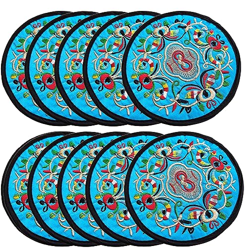 Zhiheng 10 Pack Vintage Ethnic Fabric Coasters Floral Embroidery Cloth Coasters Round Coffee Cup Mat Drink Tableware for Housewarming Party Table Home Decorations (SkyBlue) - color: Skyblue