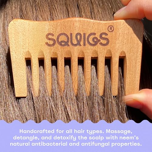 Squigs Beauty Neem Wooden Comb for Women & Men – Handcrafted Pocket-Sized Wide-Tooth Comb for Hair Detangling, Scalp Massage, Oil Distribution & Anti-Breakage – Pure Neem Wood for Hair Growth
