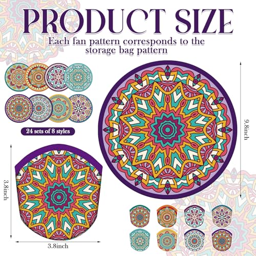 Gejoy 24 Pcs Purple Mandala Flying Disc Foldable Hand Fan Round 8 Styles - color: Purple Mandala