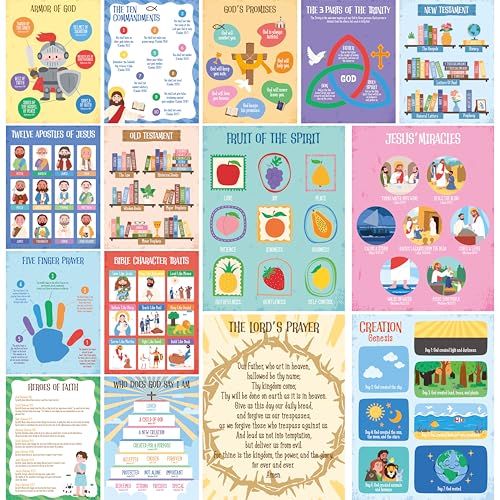 15 Bible Posters for kids, Thick Books of the Bible Poster Waterproof & Tear Proof with PET Film, Religious Poster Sunday School Christian Decoration for Classroom, Bulletin Board (14.5” x 11”, Retro) - size: Bible Posters (14.5” x 11”) -B