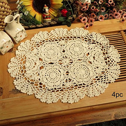 Phantomon Lace Doilies Handmade Crochet Placemats Cotton Doilies Cloth Lace, Pack of 4, Oval Shape, 12 x 17 inch (Beige) - color: Beige