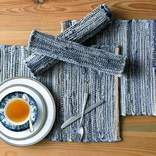 Perilla Home Natural Chindi Jute Placemats Set of 4 Vintage Boho 13x19 Inch Table Mats for Kitchen Dining Home Decor Rectangle Denim Blue Stripe Rustic Placemat