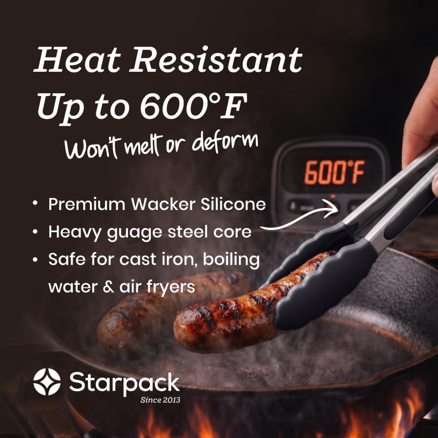 Starpack Get a Grip Silicone Kitchen Tongs (2-Pack, 9" + 12") - LFGB Non Toxic, 600°F Heat Resistant, BPA-Free - Heavy-Duty Stainless Steel, Locking - Dishwasher Safe for Nonstick Cookware - color: Gray/Black, size: Set of 2 (9" & 12")