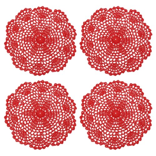 uxcell Lace Doilies, 4pcs 8" - Cotton Woven Round Crochet Coaster, Floral Design Fabric Handmade Placemat for Drink Wedding Party Decoration (Red) - color: Red