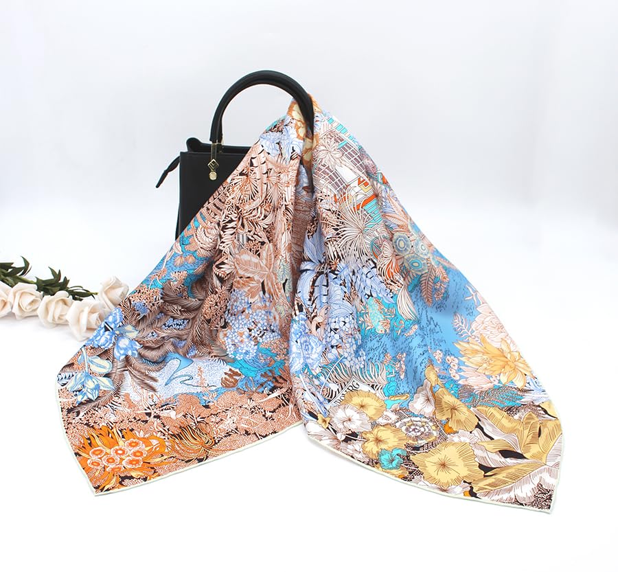 ANDANTINO 100% Mulberry Silk Scarf -Women 35" Square Hair Wraps-Gift Packed - color: Brown&blue-twill