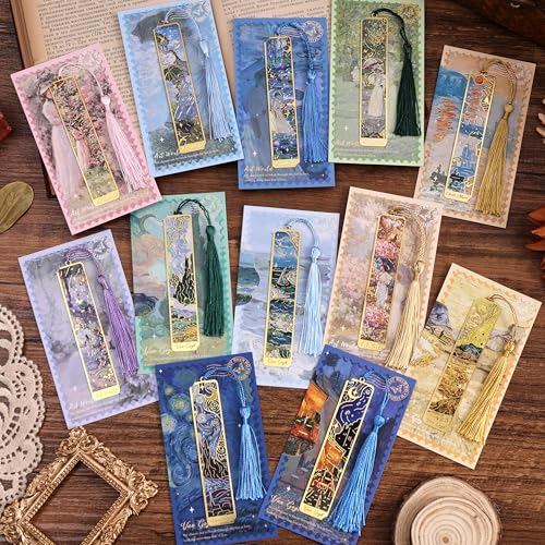 12 Pieces Metal Bookmarks with Tassel, Golden Hollow Bookmark Oil Painting Theme Girl Book Mark Bookmarks for Book Lovers Writers Readers Children Teens Men Women Adults - style: 12Pcs Garden