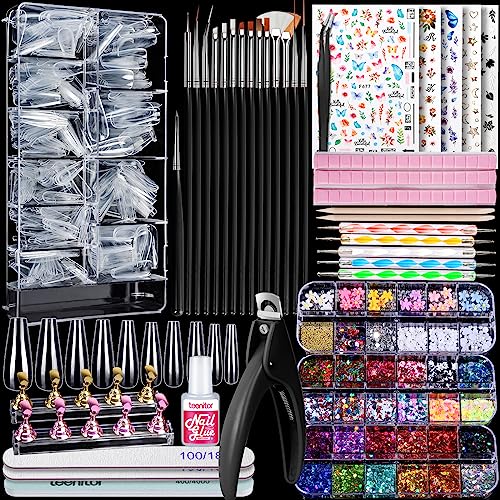 Teenitor Press On Nail Kit - Clear Coffin Nail Tips, Art Brushes, Dotting Pen, Glitter, Stickers & Rhinestones - color: Black
