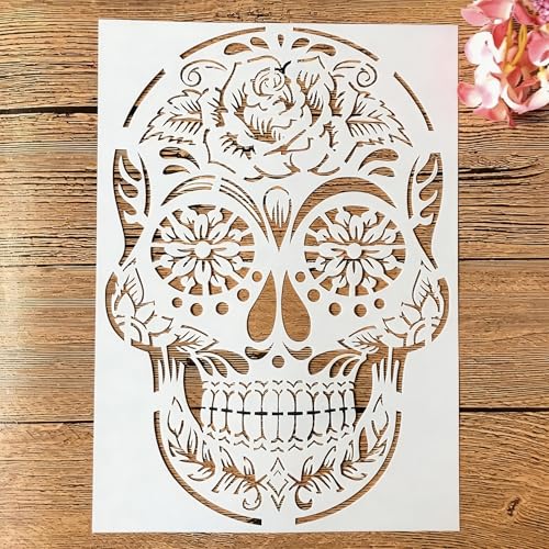 TIAMECH A4 Reusable Mandala Skull Stencil for Painting - style: Mandala Smile Skull