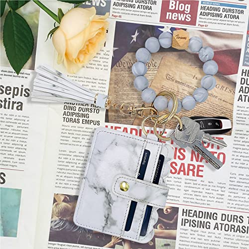 Keychain Wallet Wristlet Small Credit Card Holder Bracelet Key Chain Purse Bangle Tassel Beads Key Rings for Women - color: 01-marble