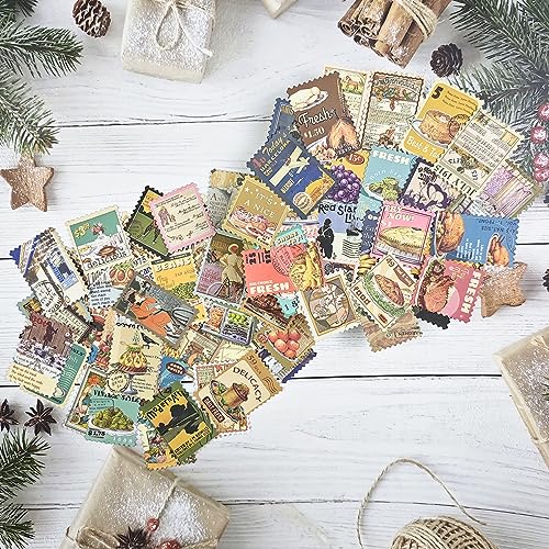 Prstincol 100 Pcs Scrapbooking Stickers,Food Stickers for Scrapbooking,Vintage Stamp Sticker for Journaling,Retro Poster Sticker for Water Bottle Laptop Phones Bullet Journal - style: Food and Poster 100 Pcs