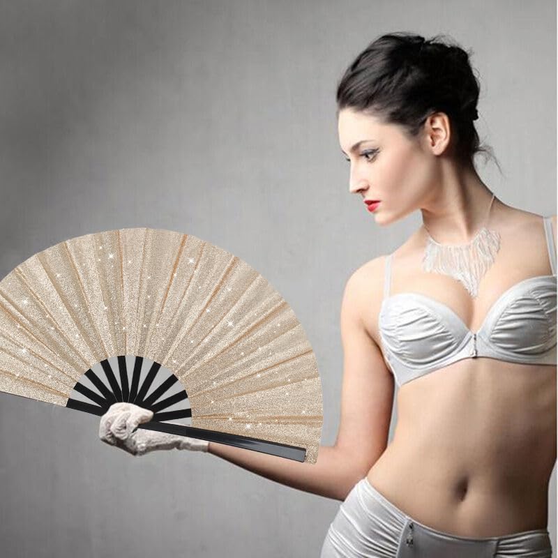 2 Pack Glitter Large Folding Hand Fans for Line Dancing, Popping Fan Large Rave Hand Fan for Boots On The Ground Dance, Concert, Party, Festival, Home Decorations(Champagne Gold) - color: Champagne Gold