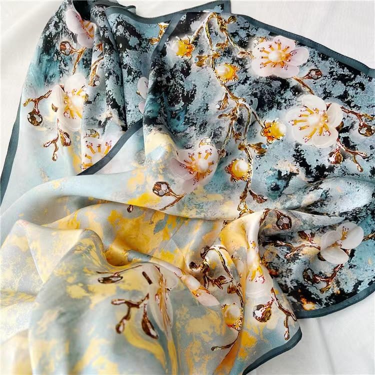 ANDANTINO 100% Silk Long Scarf-Women Large Oblong Shawls with Gift Packed - color: Gold&blue