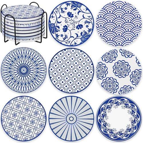 Patelai 8 Pcs Vintage Ceramic Coasters Set with Holder, - style: Retro Style