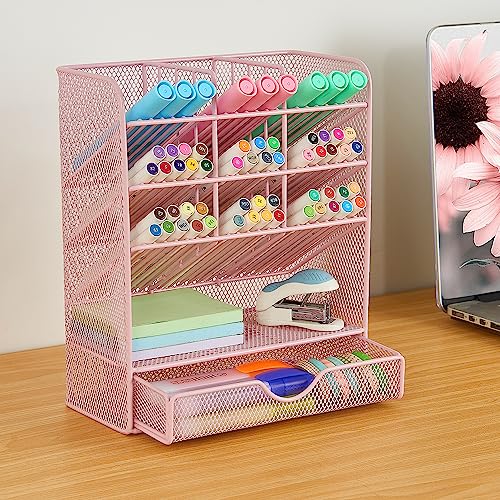 Spacrea Pen Holder Desk Organizer - Desk Organizers and Accessories, Pencil Holder with 10 Compartments and 1 Drawer（Pink）