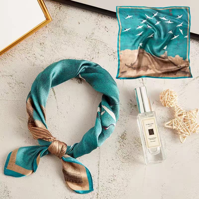 ANDANTINO 100% Mulberry Silk Scarf -21” Square Neckerchief with Gift Packed - color: Crane