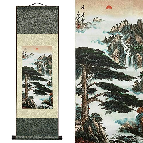AtfArt Silk Scroll Painting, Asian Wall Art, River Landscape, 36.2x12in - color: A2
