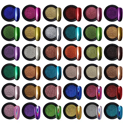 Artdone 36 Jars Chrome Nail Powder Nail Art Fimo Decoration Metallic Mirror Effect Holographic Aurora Chameleon Pigment Powder 1g/Jar Pearl for Resin Craft & Nail Art - color: 36 Jars Multicolor