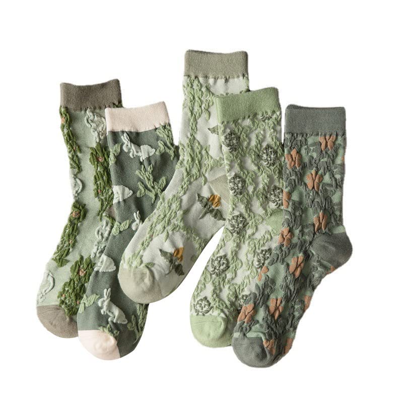 Vintage Embroidered Floral Socks for Women Combed Cotton Crew Socks - color: 5 Pairs - Green