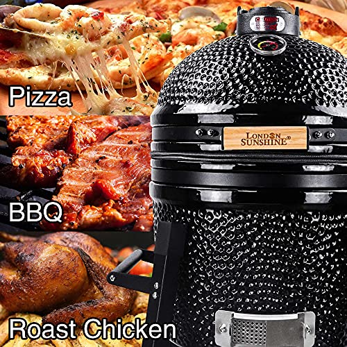 London Sunshine Ceramic Kamado Charcoal BBQ Grill and Smoker, Stainless Steel Grates -15" Ceramic with Tall Stand (BLACK) - color: Black