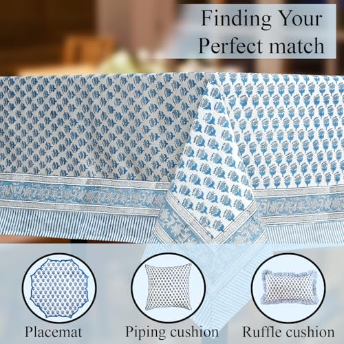 CPC Apatite Blue Floral Hand Block Printed 100% Cotton Tablecloth 60x108 Rectangular Reusable and Washable Boho Dining Table Cloth Thanksgiving - color: Apatite Blue, size: 108" x 60" (Rectangular)