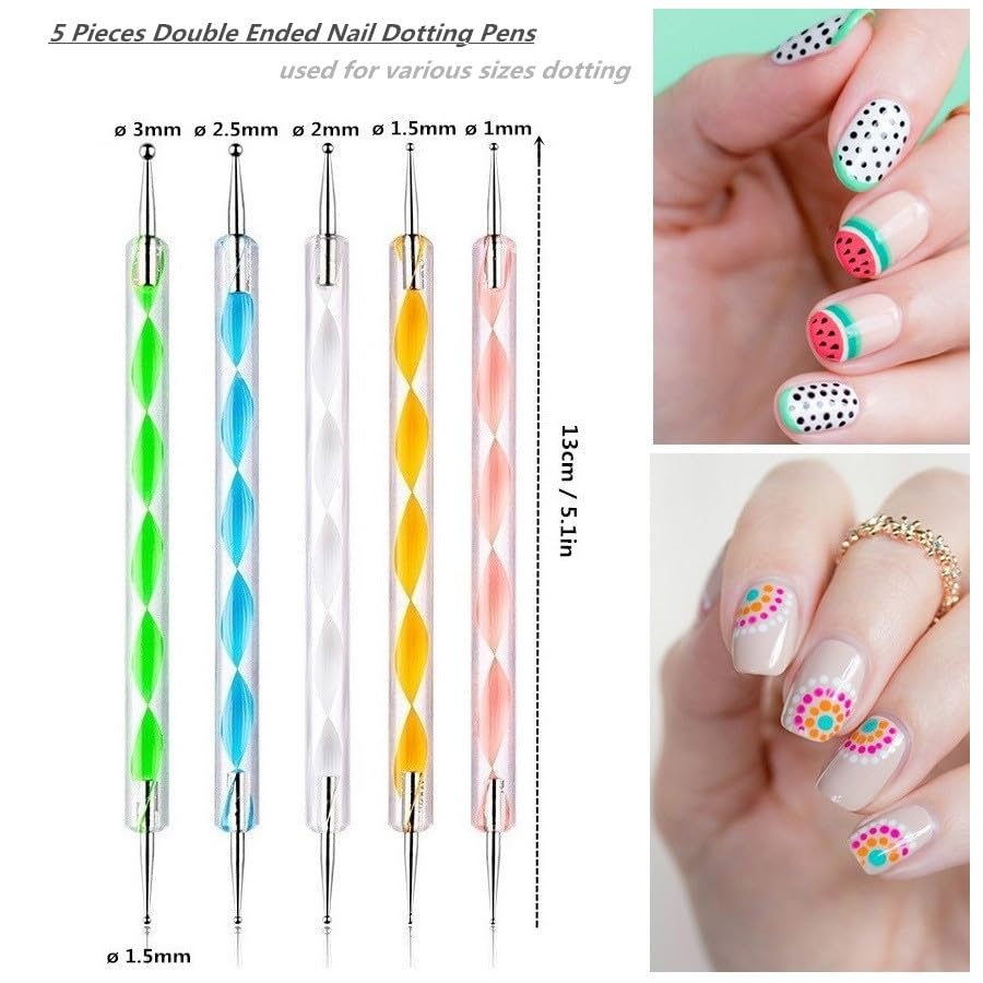 FULINJOY Nail Dotting Tools 10 Pcs Kit, 5 Pcs Double-end Nail Dotting tools and 5 Pcs Nail Art Liner Brushes, Nail Art Design Tools