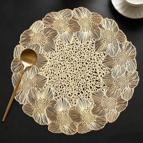 Quantum Love Gold Round Placemats Set of 6 Flower Metallic Circle Vinyl Place Mats 15 Inch Wipeable Hollow Out Table Mat for Anniversary Wedding Events Kitchen - color: Gold Flower