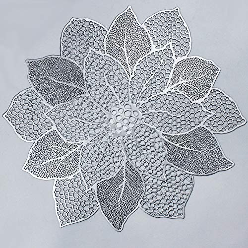 Silver Round Placemats for Dining Table Set of 6 Vinyl Metallic Table Mats - color: A5/Hibiscus/Silver