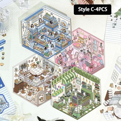 4 Sets DIY 3D House Stickers: Make Your Own Isometric Scenes with Fun Cute Korean Cartoon Stickers - color: Stylea
