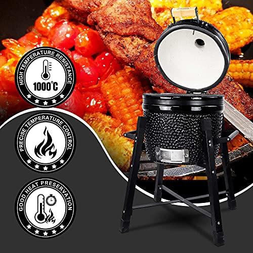 London Sunshine Ceramic Kamado Charcoal BBQ Grill and Smoker, Stainless Steel Grates -15" Ceramic with Tall Stand (BLACK) - color: Black