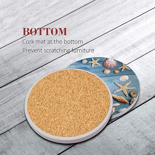 Coasters for Drinks, Set of 6, Ceramic Stone Summer Beach - color: Shell Wooden