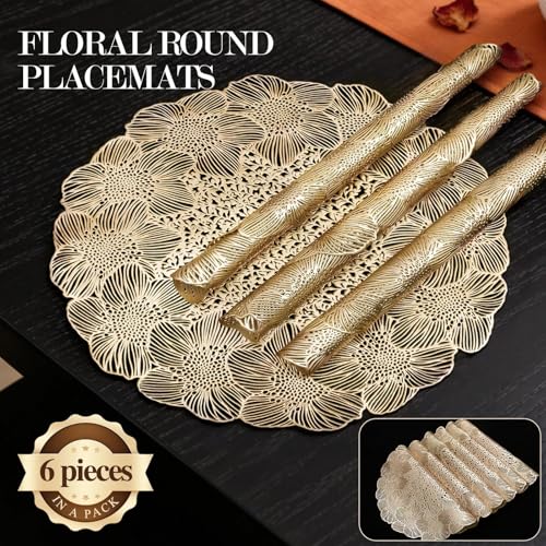Quantum Love Gold Round Placemats Set of 6 Flower Metallic Circle Vinyl Place Mats 15 Inch Wipeable Hollow Out Table Mat for Anniversary Wedding Events Kitchen - color: Gold Flower