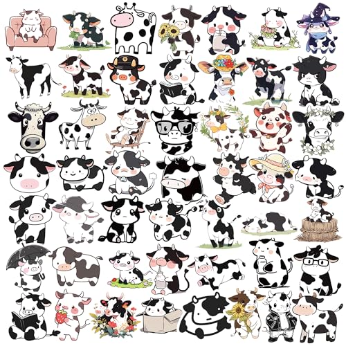 50Pcs Cows Stickers, Non-Repetitive Cows Vinyl Stickers, Cute Animal Cattle Sticker Waterproof Stickers for Adults Water Bottle Laptop Scrapbook Decoration Party Favors Birthday Gifts - color: Cows