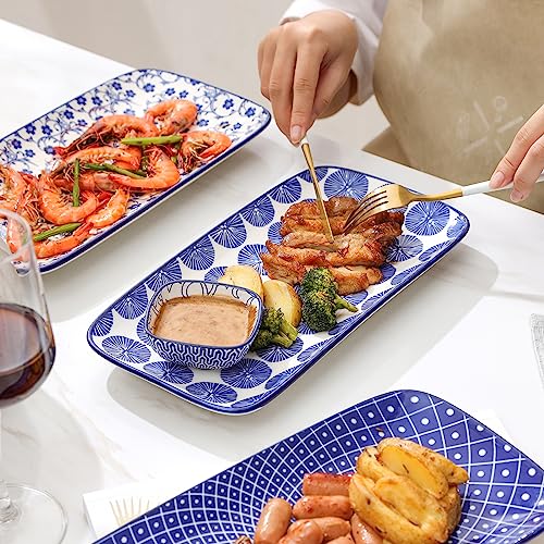 Selamica Ceramic Rectangular Serving Platters Set of 4, 12 Inch Serving Trays/Dishes for Party Entertaining, Rectangular Dinner Plates for Appetizer Salad Dessert Sushi, Vintage Blue - color: Vintage Blue, size: 12 Inch, Set of 4