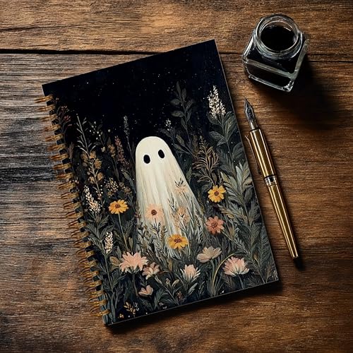 Notebook Journal for Women - A5 Spiral Notebook with Ghost in forest Design, Vintage Dark Romantic Ghost Wildflowers, Gothic Office & School Supplies, Unique Gifts for Women Birthday, Christmas (White-Ghost) - color: White-Ghost