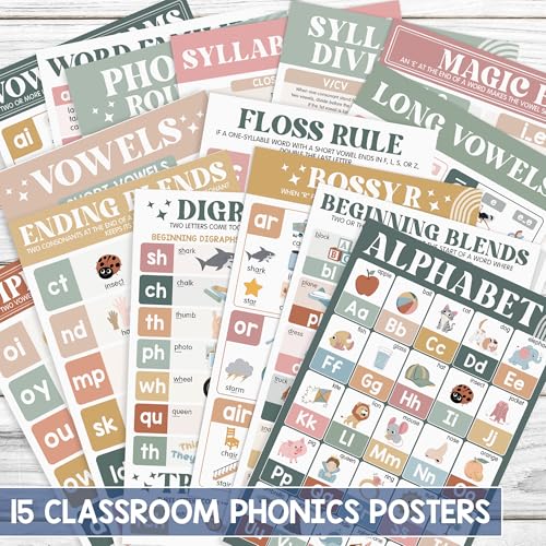 BEAWART Phonics Posters, 15 Pack 11x17 Boho ESL Educational - color: Boho Phonics