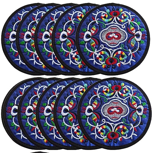 Zhiheng 10 Pack Vintage Ethnic Fabric Coasters Floral Embroidery Cloth Coasters Round Coffee Cup Mat Drink Tableware for Housewarming Party Table Home Decorations (RoyalBlue) - color: Royalblue