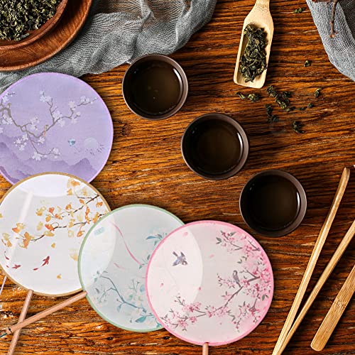 BAOZOON 4 Pcs Silky Translucent Ancient Round Fan Classic Silk Hand Held Fan Floral Pattern Palace Paddle Dance Fan with Tassel Wooden Handle Wedding Favor Gift Home Decor - color: Purple