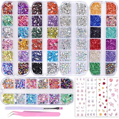 5 Boxes Shiny Colorful Nail Art Rhinestones Kit 3D Flatback Horse Eye Rhinestones Irregular Nail Stone and 4 Sheets Flower Nail Stickers with a Curved Tweezers and a Nail Brush (Multicolor) - color: 4-multicolor