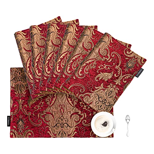Loom and Mill Luxury Chenille Damask Placemats for Christmas, Set of 6, Red - color: Red_florence, size: 6 Pieces