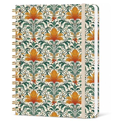 Vintage Floral Lined Spiral Notebook, Pretty Hardcover Journal 6'' x 8.4'', Orange Green Notebook for Women, Work, Writing Gift - color: floral-05