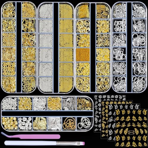 5 Boxes Gold Silver 3D Metal Punk Studs Star Moon Heart Triangle Ring Square Rivet Gems Nail Art Jewels and 4 Sheets Nail Stickers with a Curved Tweezers and a Nail Brush (Gold & Silver) - color: 3-gold & silver