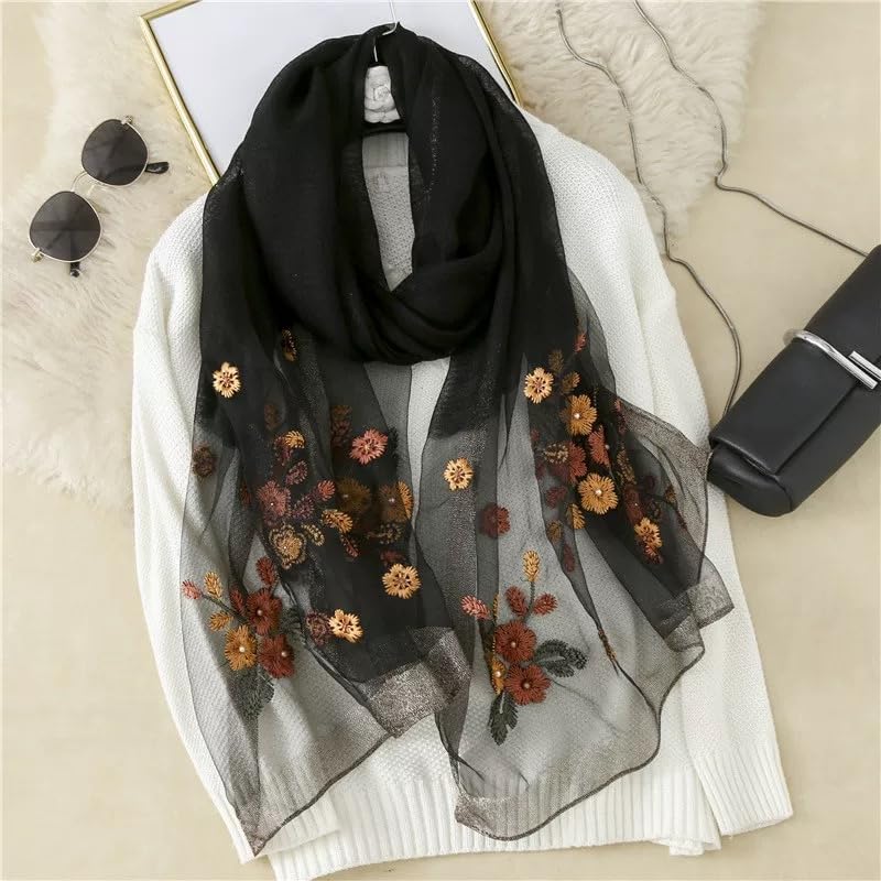Jeelow Long Silk Blend Embroidered Floral Shawl Scarf Wrap for Women - color: Black Elegance