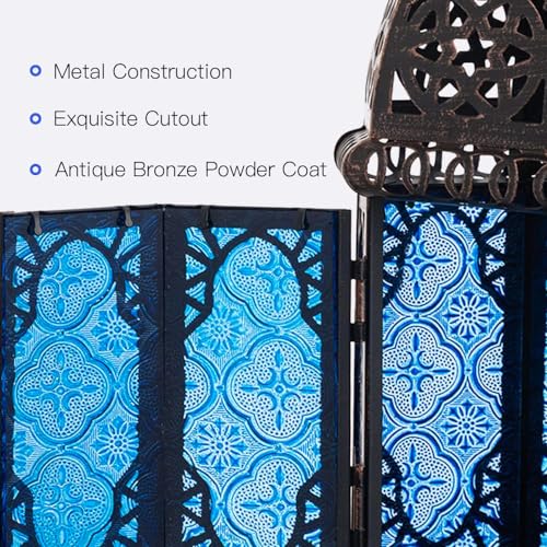Christmas Lanterns Decorations Indoor & Outdoor, 11’’ Medium Size Vintage Metal Hanging&Tabletop Candle Holder Decor, Halloween Ramadan Decorations for Home Porch Patio(Blue) - color: Blue - 11''h, size: Medium
