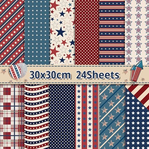 Retro Patriotic Scrapbook Paper Blue Star Patterned Papers Pad 11.8×11.8,24 Sheets Double-Sided Scrapbooking CardStock Paper for 4th of July Card Making Veteran's Day Cardmaking DIY Origami Papers. - color: WW104