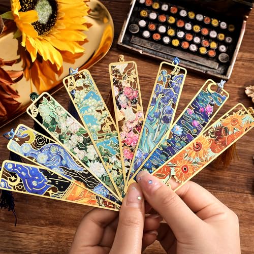 icceemee 8 Pieces of Gold Hollow Bookmarks with Tassels, Featuring Van Gogh and Monet Oil Painting Themes Perfect for Book Lovers, Writers, Readers, Children, Teenagers, Men, Women, and Adults - style: Oil Painting Theme Set of 8