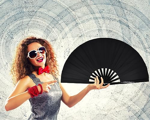 Large Rave Folding Hand Fan Clap Fan Popping Fans for Line Dancing, Big Foldable Clacking Fans for Dance Festival, Dancing, Performance - color: Black