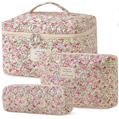 HBselect Quilted Makeup Bag, 3Pcs Cotton Large Travel Makeup Bags Organizer - color: A-3PCS-Floral 19